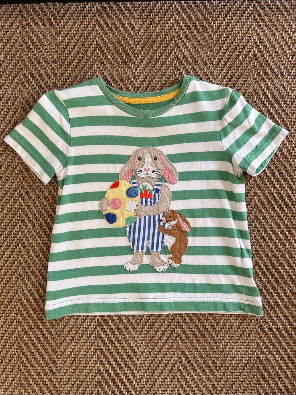 Mini Boden Green & White Striped Bunny Appliqué Tee (Size 2/3)
